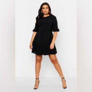 BOOHOO PLUS SIZE 18  RUFFLE HEM WOVEN SHIFT modest casual black academia DRESS